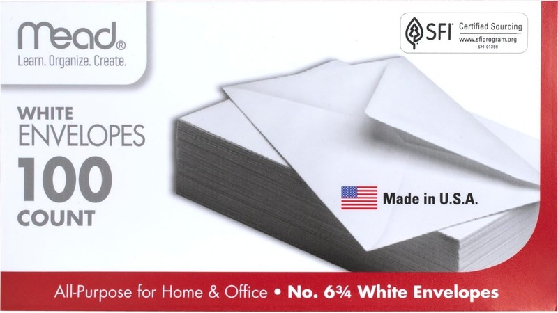 Pack of 100 White Envelopes 6 3/4 Inch Gummed Flap Security Envelopes