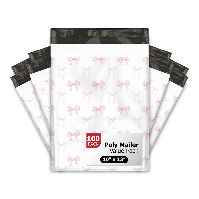 10×13 (100) Pink Bows Valentine’s Day Designer Poly Mailers Waterproof Self S…