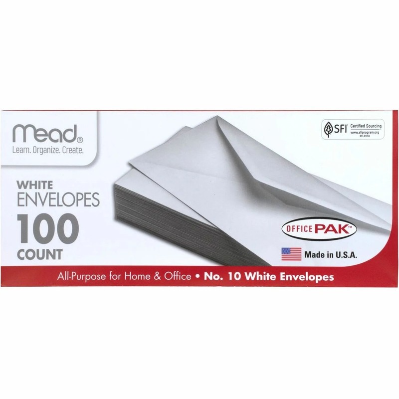 Mead Plain #10 White Envelope non-security 100/Pk Moisten Seal School Office