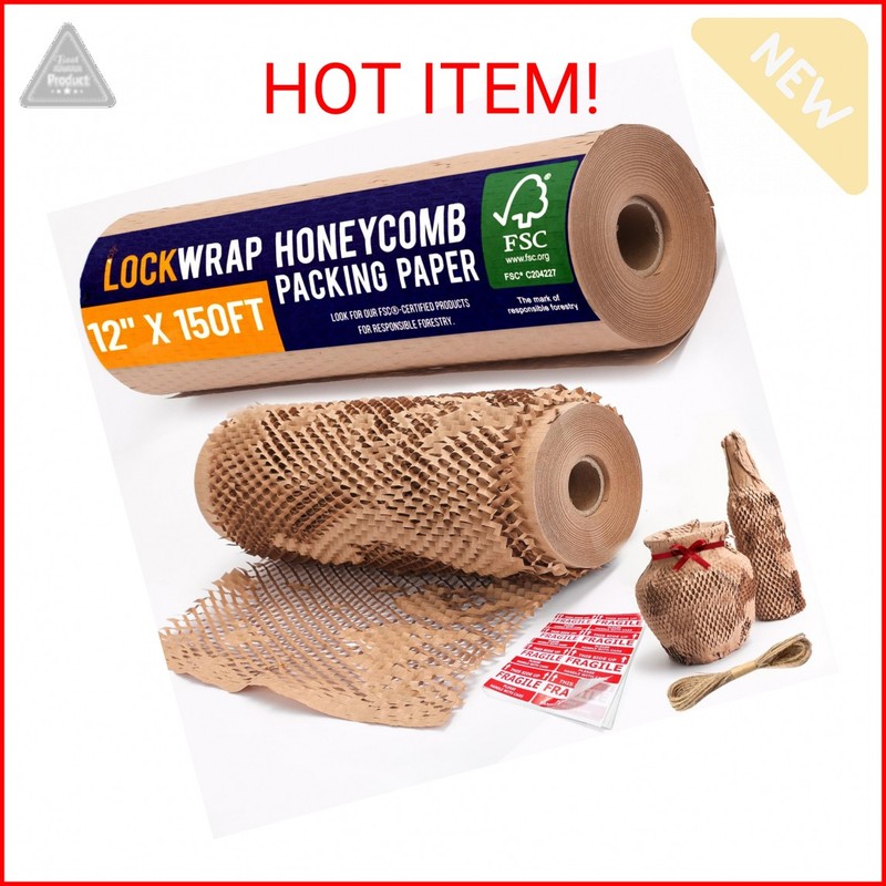 Honeycomb Packing Paper 12" x 150ft with Rope & 20 Fragile Stickers|Shipping & M
