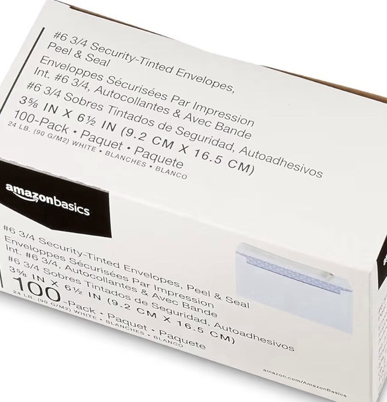 Amazon Basics #6 3/4 Security-Tinted Self-Seal Envelopes, 100-Pack, White, New