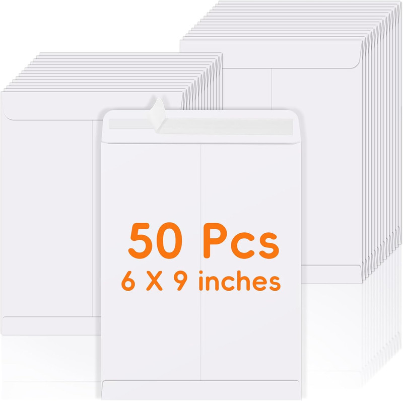 50 Pack 6×9 Envelopes Self Seal White Catalog Mailing Envelopes 6 x 9 Manilla