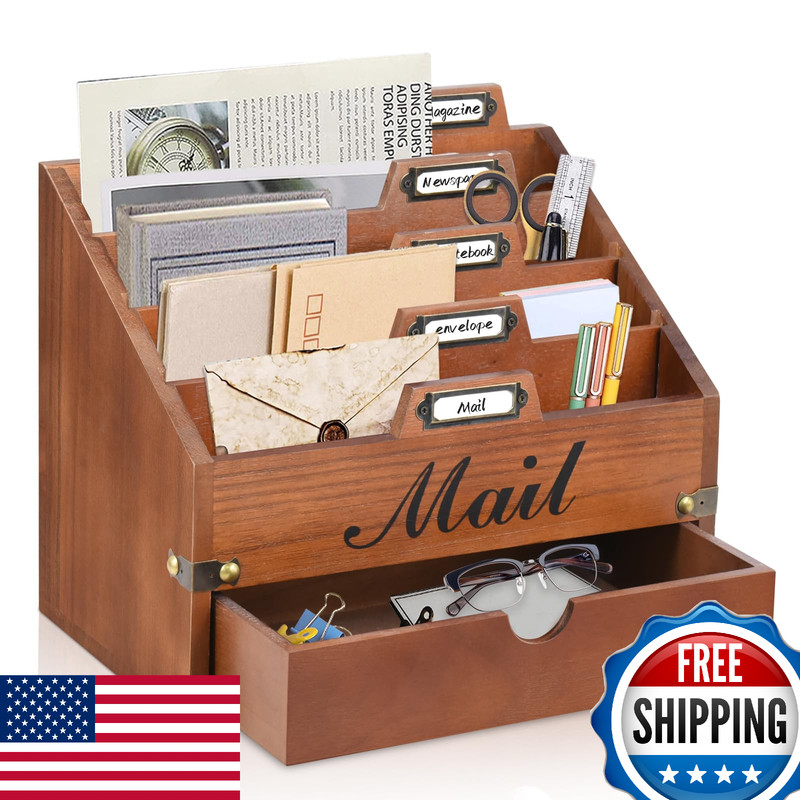 VOOTTOU Wood Mail Organizer Countertop w/ 4 Compartments & Drawer