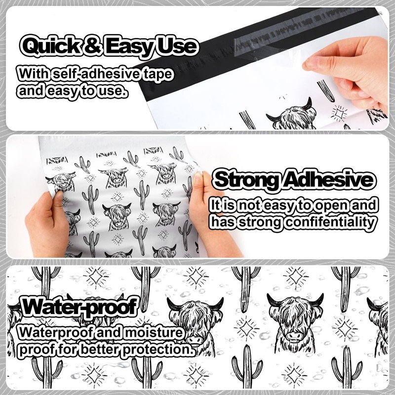 100Pcs Highland Cow Cactus Poly Mailers 10 x 13 Inch White Black Yak Packagin... gallery