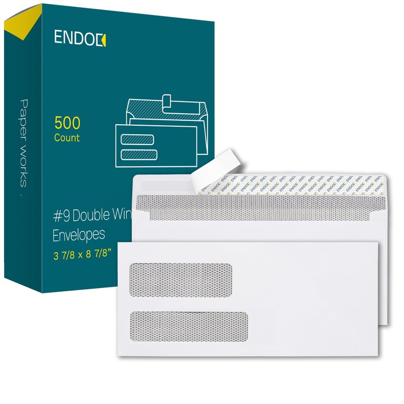 EnDoc 500#9 Double Window Envelopes Self Seal, 3 7/8 x 8 7/8″ One Size, White