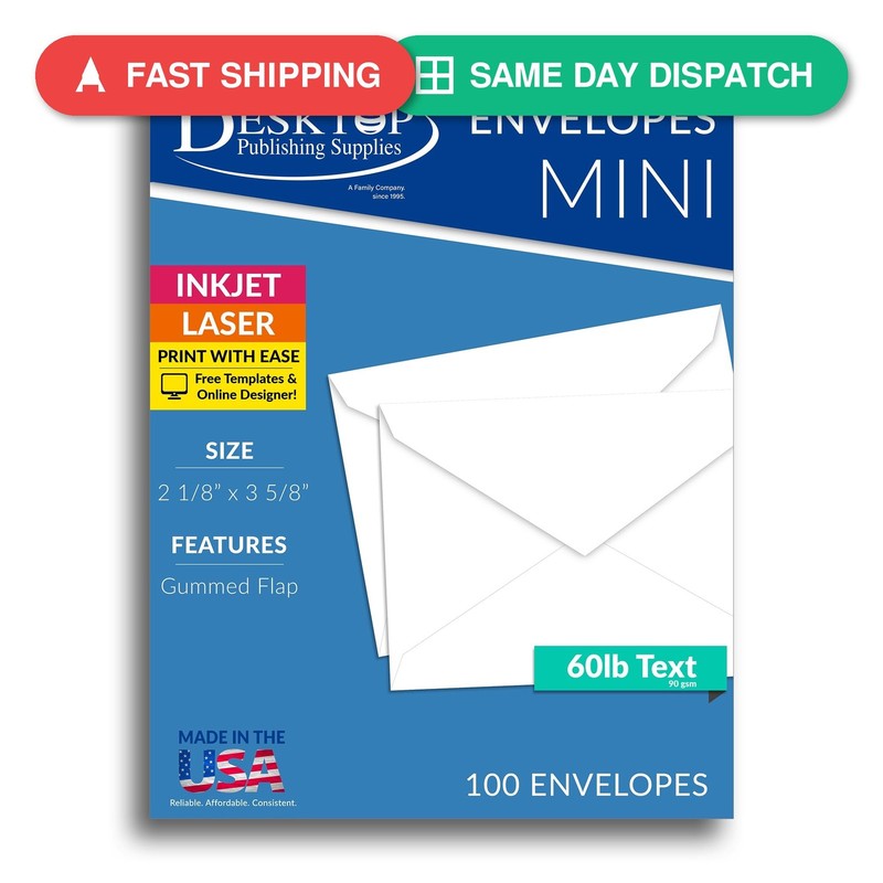 Business card size envelopes 2 1/8 x 3 5/8″ – White – 100 Envelopes