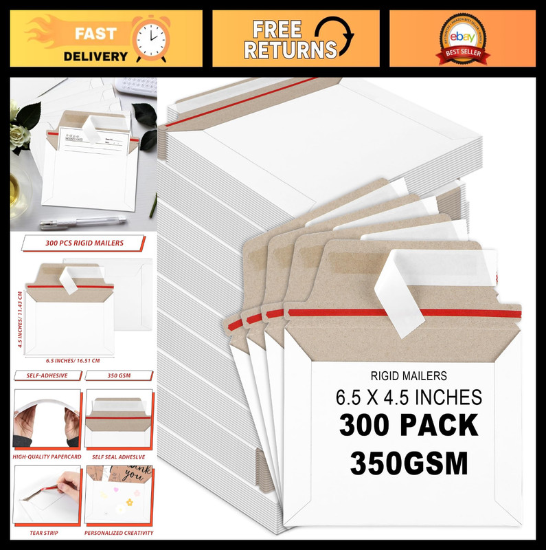 300 Pcs Rigid Mailers 6.5×4.5″ Self-Seal Envelopes for Postcards, Photos & Comic