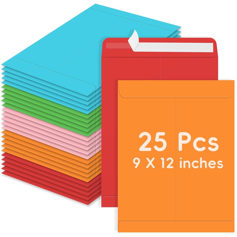 25 Pack Colored Mailing Envelopes, 9 x 12 Inches Self-Seal 9×12, Multicolor