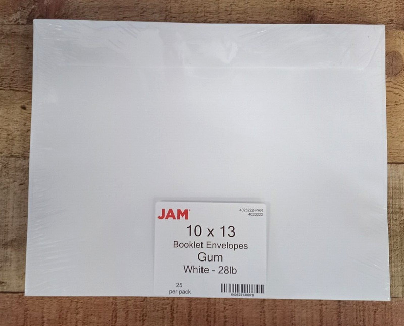 25 Pack – Jam 10” x 13” Booklet Envelopes, Gum Closure, White – 28Lb