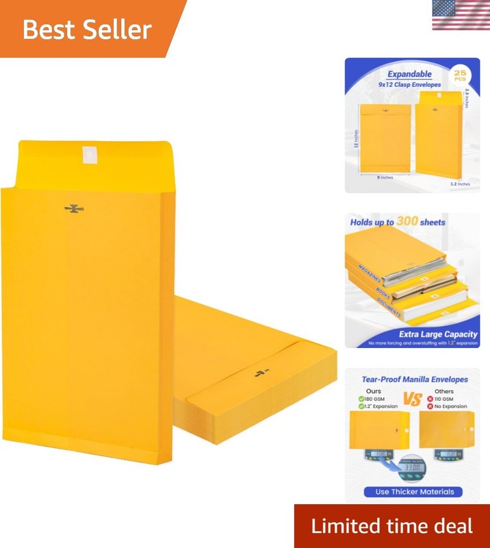 9×12 Expanding Manila Envelopes with Clasp 25 Pack, 180 GSM Heavyweight Expan…