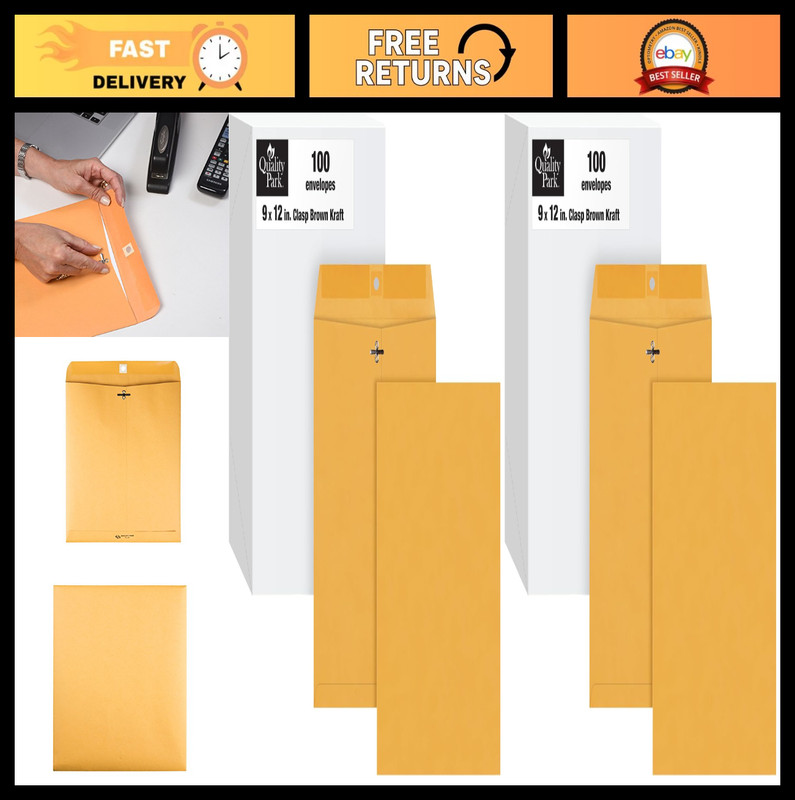 Brown Kraft Clasp Envelopes 9″x12″, Gummed Flap, 200 Count, Office Supplies