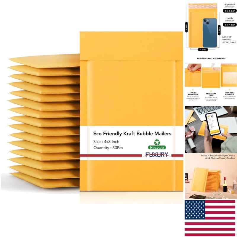 Elegant Kraft Bubble Mailer 4×8” Padded Envelopes, 50 Pack – Waterproof & Strong