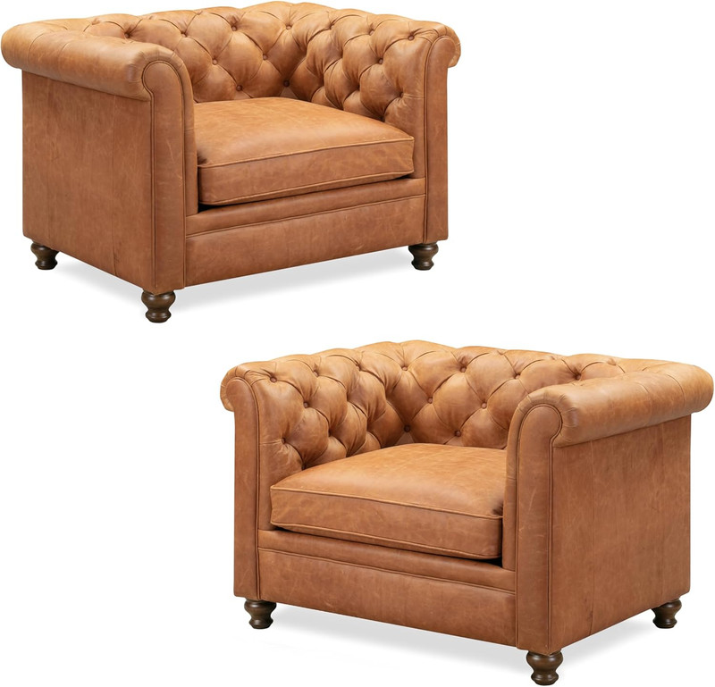 Lyon Cognac Tan Leather Lounge Chairs - Set of 2 for Living Room or Bedroom