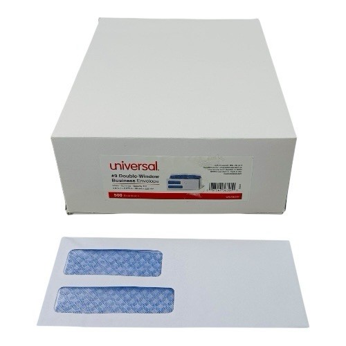 500 Envelopes #9 Double Window Business Envelope White Security Tint Gummed