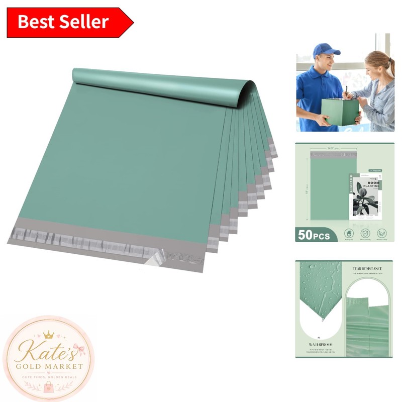 50 Count Waterproof Poly Mailers 14.5×19 in Grayed Jade Green – Tear-Resistant