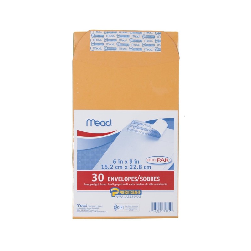 Mead Press-It Seal-It 6X9 Envelopes, Office Pack 30 Count (76084)