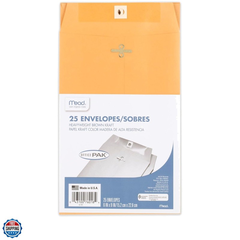 Envelopes, 6″ x 9″, Clasp Closure, Brown Kraft All-Purpose 24-lb Paper Mailin…