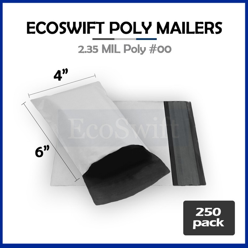 250 4 x 5 ECOSWIFT WHITE POLY MAILERS SHIPPING ENVELOPES SELF SEAL BAGS 2.35MIL