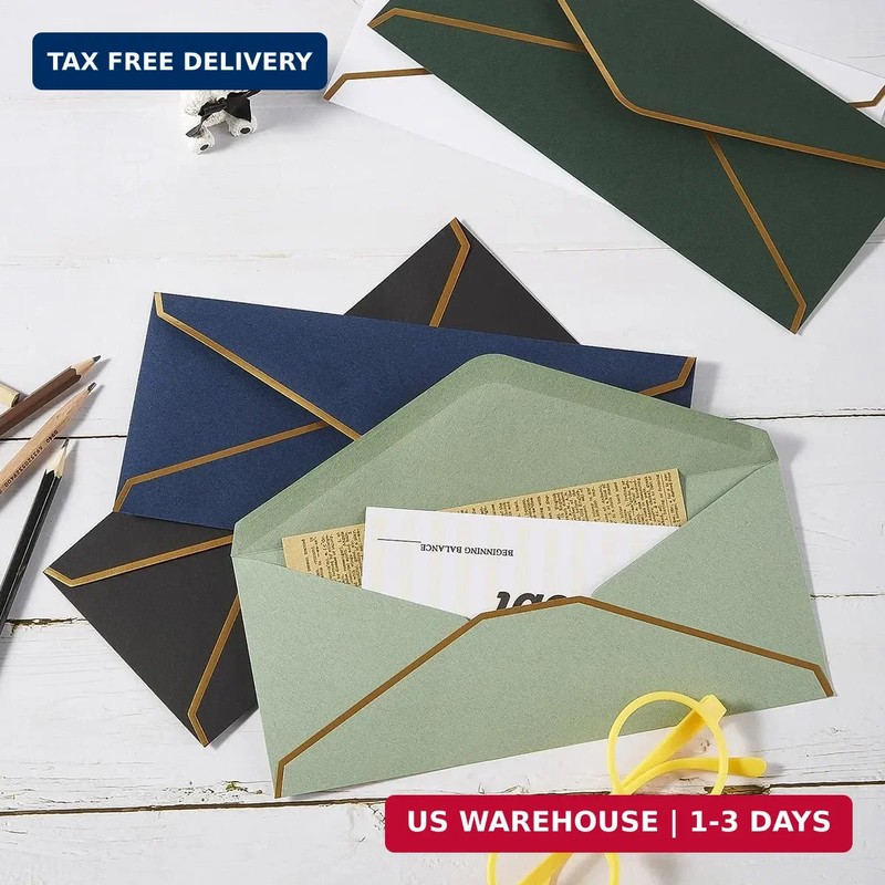 50 Pack #10 Business Envelopes with Gold Border, Self Seal Standard Envelopes wi gallery