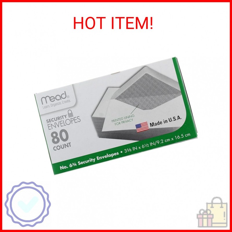 Mead #6-3/4 Envelopes, 3-5/8″ x 6-1/2″, Security Printed Lining for Privacy, Gum