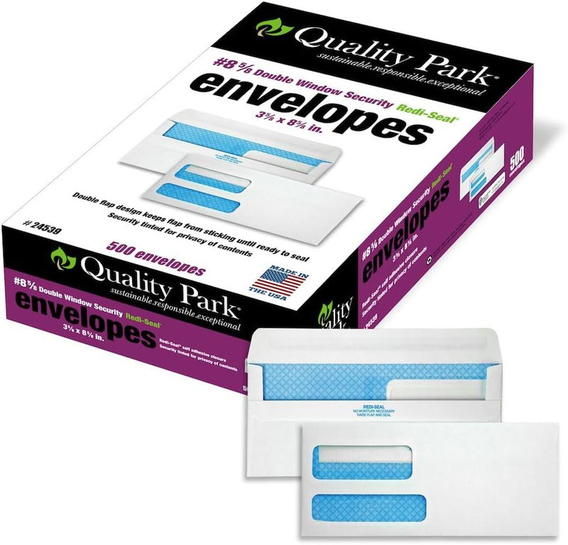 #8 5/8 Security Envelopes, Double Window, Self Seal Envelopes for Invoices/State