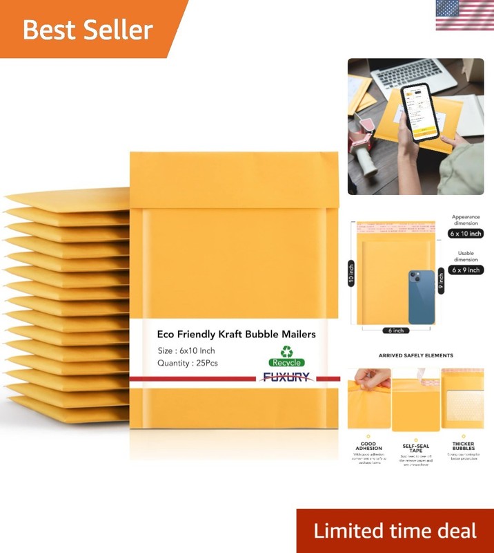 Kraft Bubble Mailer 6×10 Inch – 25 Pack, Eco-Friendly Self-Seal Padded Envelopes