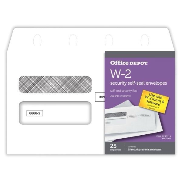 Office Depot Brand 25Ct Self-Seal Envelopes For W-2 Tax Forms, 9-1/4″W