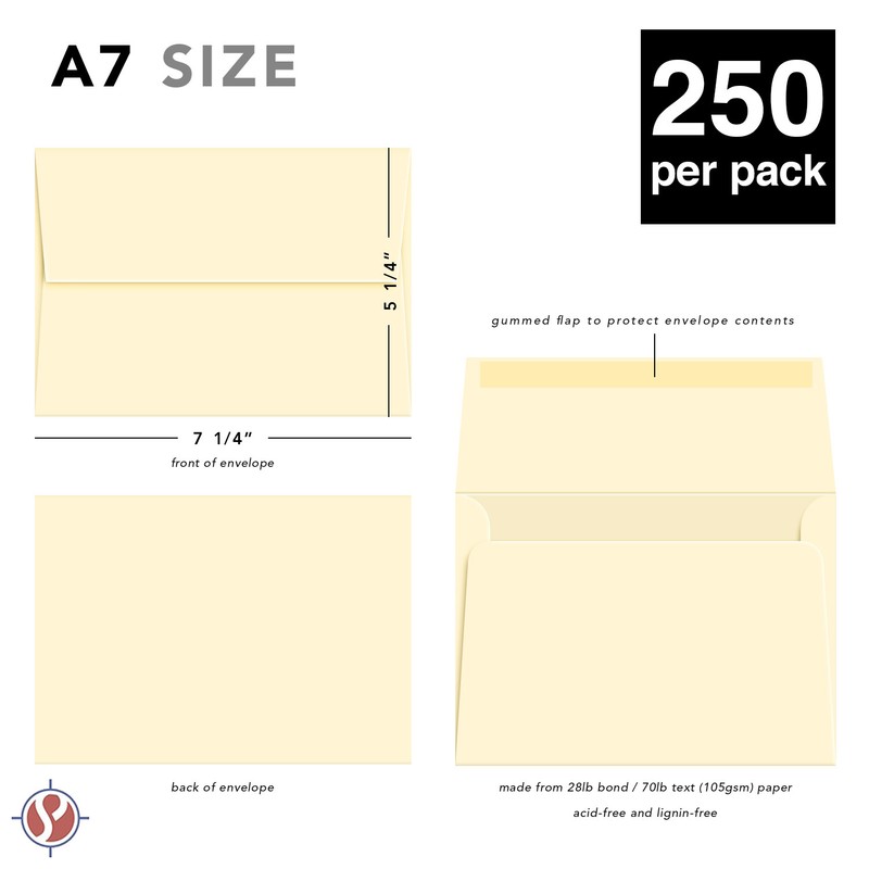 Cream A7 Envelopes, 5 1/4" x 7 1/4", Gummed Flap, 28lb Bond (105gsm), 250 Qty gallery