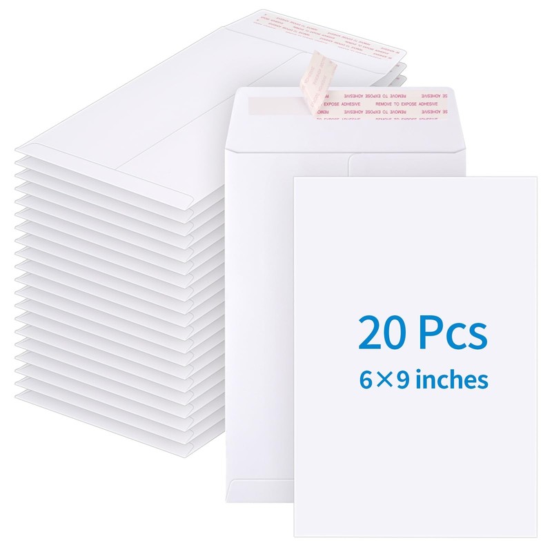 20 Pack 6 x 9 Inch White Catalog Envelopes, Self Seal, Mailing, Organize