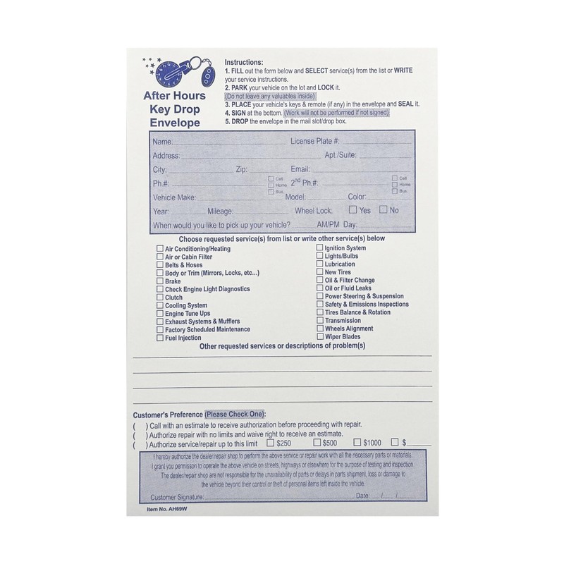 100 Pack 6×9 in Key Drop Envelope for Auto Shop Repair Peel Seal 28LB White