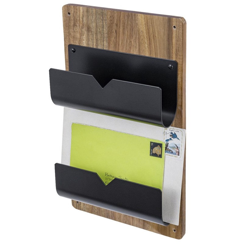 MyGift 2-Tier Wall Mounted Mail Holder, Matte Black Metal and Brown,