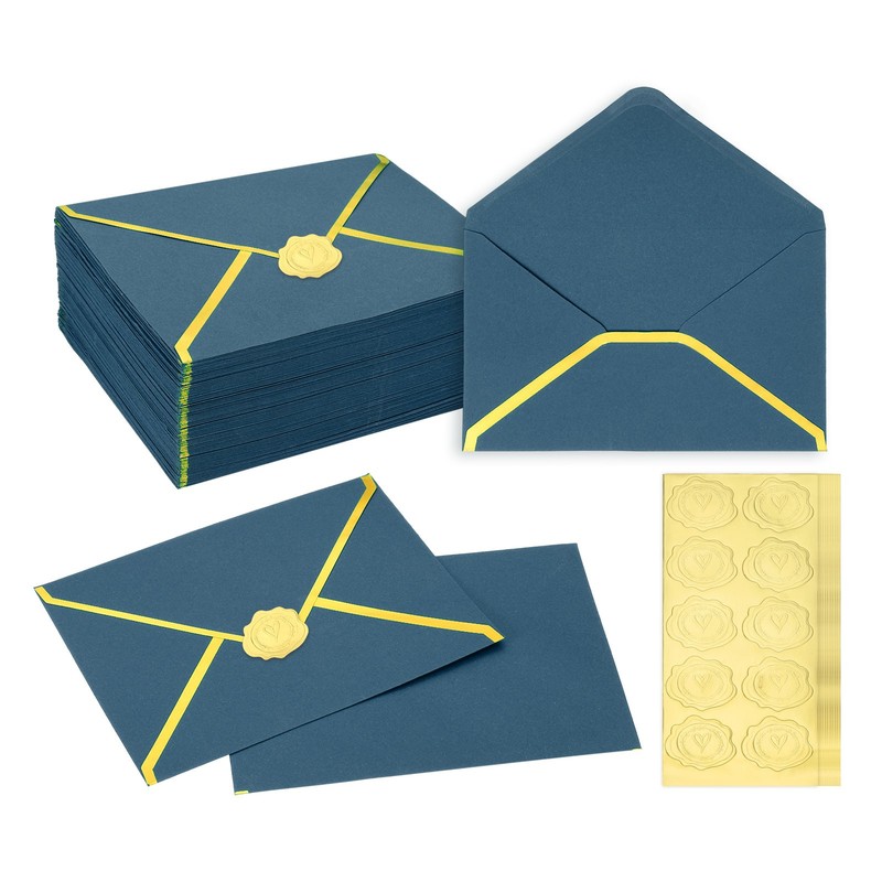 100 Pcs A7 7.3×5.3″ Gold Border Envelopes for Wedding Invitation, Dark Blue