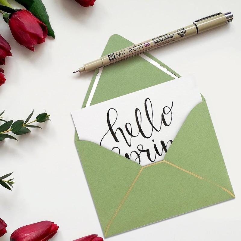 Thick Luxury Sage Green Envelopes with Gold Border - 5.25 x 7.25 Inches, 25 Pack gallery