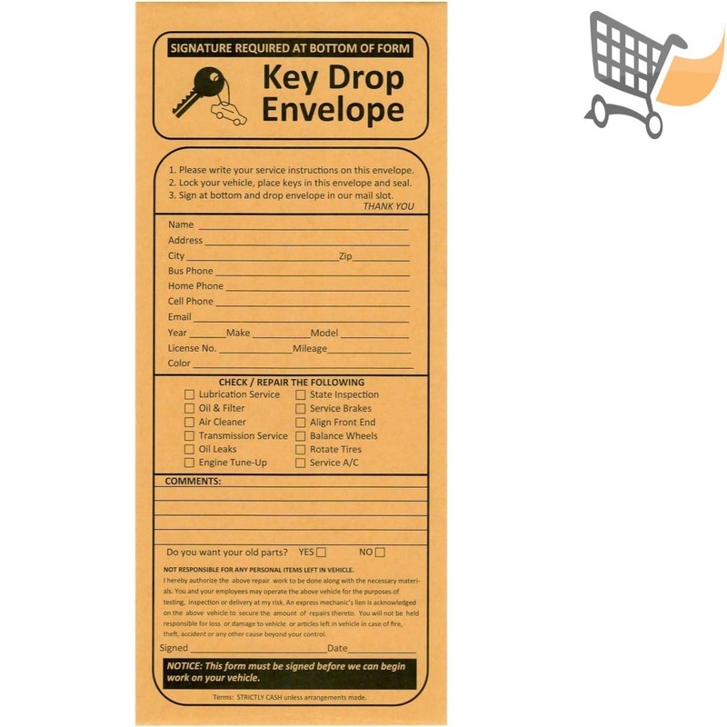 Key Drop Envelopes 4-1/8×9-1/2 in Brown Kraft Paper Gummed for Auto Shops
